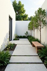 Serene Minimalist Courtyard Design Featuring a Light-Colored Stone Pathway and Wooden Bench