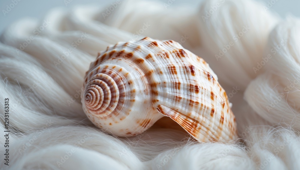 Aufkleber seashell resting on soft white wool with space for creative text or design elements in a tranquil an