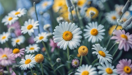 Fototapeta premium Daisy Flowers Surrounded by Colorful Blooms in a Lush Garden Ideal for Nature-Themed Designs with Space for Text Inclusion