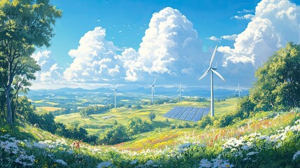 Environmental sustainability: green energy concept, with wind turbines and solar panels in a rural landscape.
