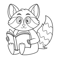 Cartoon raccoon reading a book line art