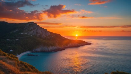 Fototapeta premium Breathtaking Coastal Sunset Over Serene Waters Illuminating Island Landscape with Vibrant Orange and Golden Light