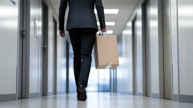 Executive departures in an office hallway with packed belongings. Featuring closure and departure