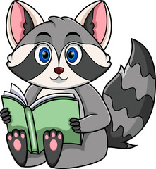 Cartoon raccoon reading a book