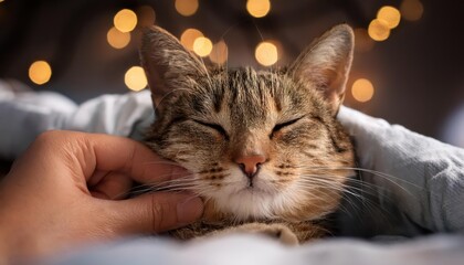 Cozy Morning Adorable White Cat Cuddles in Bed, Basking in Warm Light, Embracing Soft Textures and Quiet Serenity.