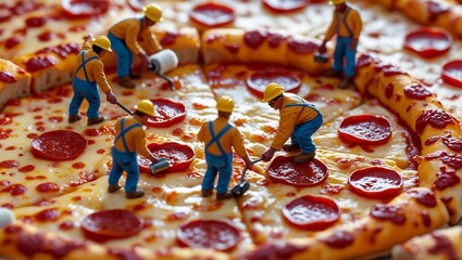 Hyper-realistic macro shot of tiny construction workers crafting an enormous pizza.