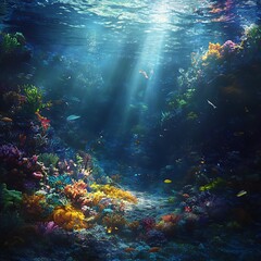 Naklejka premium Tropical Fish Weaving Through Coral In Sunlit Ocean Scene