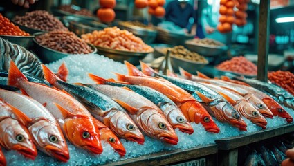 Fototapeta premium Freshly Displayed Salted Fish at Vibrant Market Stall with Colorful Seafood and Local Produce