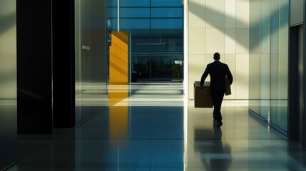 Fototapeta premium Executive departures in an office lobby with packed personal items. Featuring leadership transition and career shift