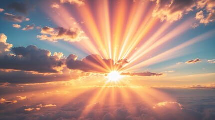 Obraz premium Sunset rays pierce through colorful clouds creating a vibrant sky texture with a gradient effect representing abstract beauty in nature.