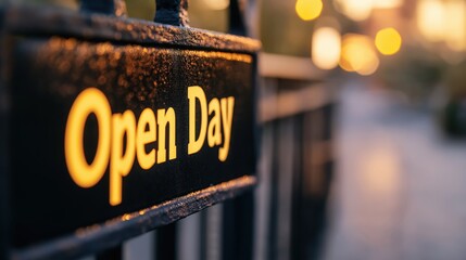 Open Day Sign on Street Fence with Sunset Background