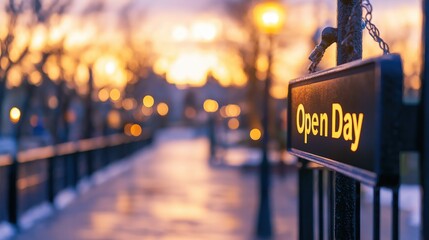 Open Day Sign on Street Fence with Sunset Background