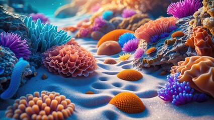 Obraz premium Vibrant coral reef underwater scene with diverse marine life and sandy seabed illuminated by soft sunlight