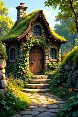 Fototapeta premium Enchanted Stone Cottage nestled in a vibrant garden, a charming stone pathway leads to its moss-covered roof and inviting wooden door.