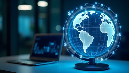 Global Network and Digital Earth: Capturing the essence of worldwide connectivity, this image showcases a luminous globe encircled by digital currency symbols.