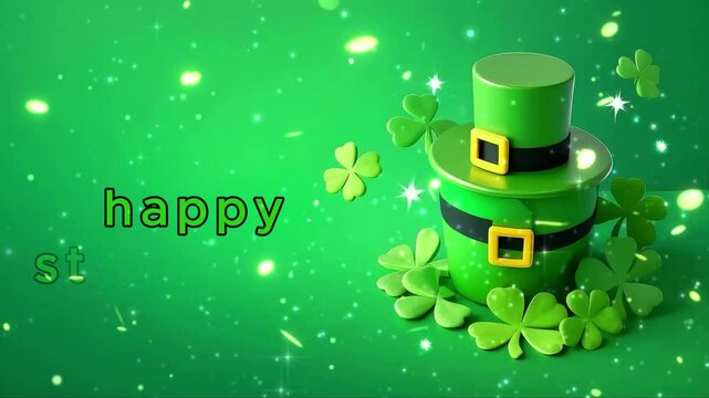 happy st patricks text lucky shiny stars and glowing glittering particles on a green background this Saint Patrick's Day celebration background animation is 4k full hd video st patrick background