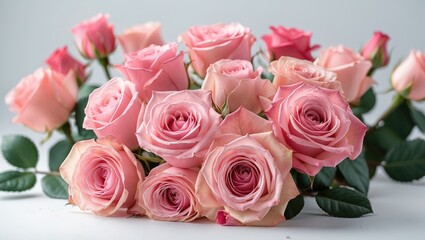 Fototapeta premium Soft focus pink roses bouquet on a white background perfect for Valentine's Day celebrations and romantic themes.