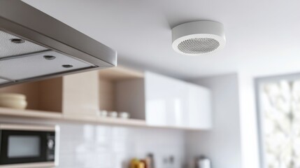 Carbon monoxide sensor in a modern kitchen near the stove. Featuring kitchen safety and prevention