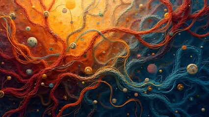 Cosmic Tapestry: A vibrant and intricate abstract artwork exploding with color, featuring flowing, interwoven strands and celestial elements reminiscent of a nebula or the microscopic world.