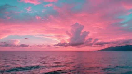 Vibrant pastel sunset over tranquil ocean with colorful clouds and clear sky ideal for nature backgrounds and text overlays