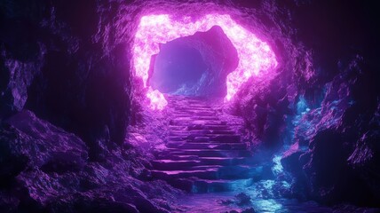 Fototapeta premium A neon synthwave cave with glowing edges and vibrant colors, set against a retro, geometric background.