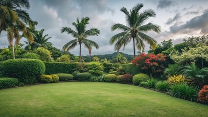 Fototapeta premium Tropical Garden Landscape Under Cloudy Sky Featuring Lush Green Grass, Palm Trees, and Colorful Plants with Space for Text or Branding