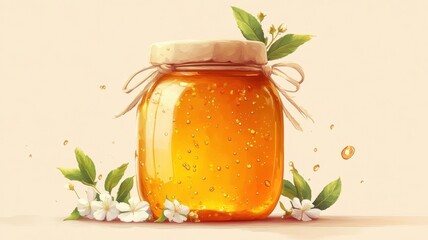 A minimalist flat design honey jar with simple shapes and clean lines, presented in warm tones and modern patterns.