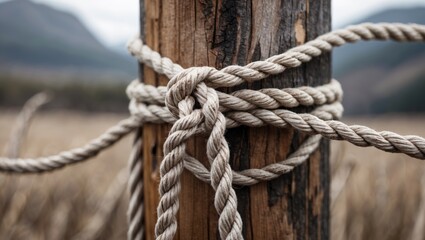 Fototapeta premium Rope Knotted Securely Around a Rustic Wooden Pole in a Natural Outdoor Setting