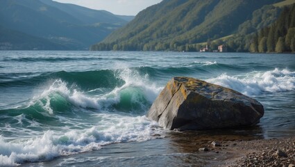Waves Crashing Against Rocky Shoreline with Lush Mountains in Background on Serene Lake Landscape