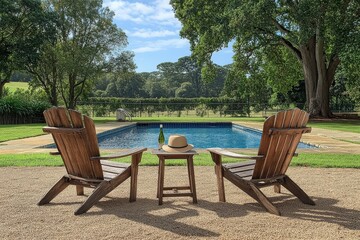 Fototapeta premium Outdoor pool deck with two wooden chairs, a table, and a swimming pool in the background, evoking a relaxing summer vibe with wine glasses and a hat on the chairs.