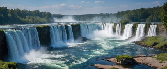 Fototapeta premium Majestic waterfall scene capturing the beauty of nature with vibrant water flow and lush greenery ideal for adding text or branding.