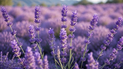 Obraz premium Closeup of vibrant purple lavender flowers in a blooming field with a soft blurred background and space for text or captions.