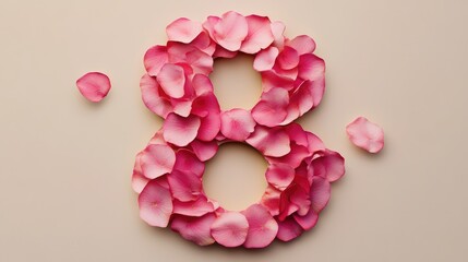 Fototapeta premium Beautiful pink rose petals arranged in number eight for International Women's Day celebration and awareness on March 8th
