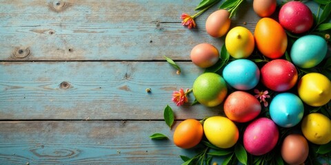 Obraz premium Colorful Easter Eggs on Rustic Wooden Background with Spring Blossoms