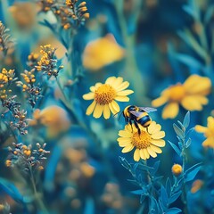 Close-Up of Bumblebee on Yellow Wildflower in Vibrant Blooming Meadow