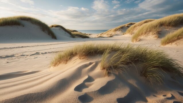 Serene sandy beach landscape featuring soft dunes and gentle grass against a clear sky ideal for relaxation and nature exploration.