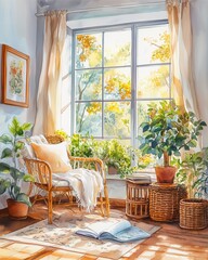 Modern living room with wooden furniture flowers and large windows