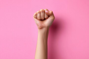 A close-up of a raised fist against a pink background, symbolizing female empowerment. Ideal for Women's Day, equality campaigns, or motivational content.