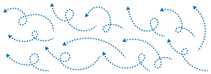 Dashed arrow set. Vector doodle dot line. Dotted hand drawn arrow. Doodle arrows of various shapes and directions. eps 888.