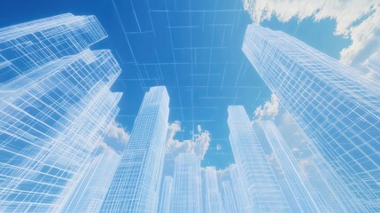 Fototapeta premium Wireframe city skyline, sunny day, clouds, architectural design, urban development