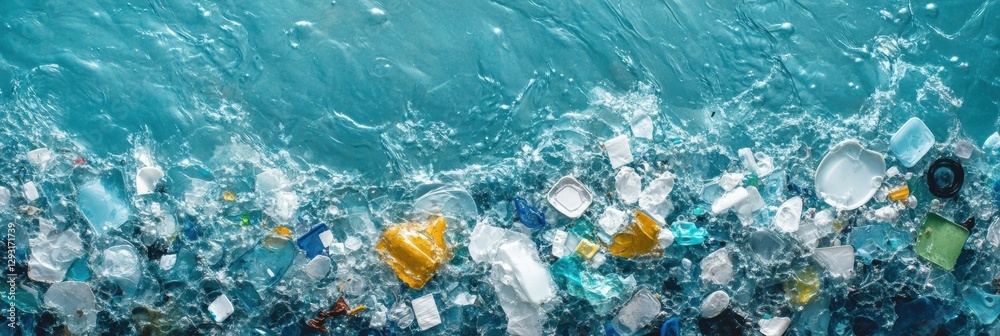 Aufkleber close up view of plastic fragments floating in ocean waves under clear blue water. generative ai