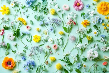 Obraz premium Spring floral flat lay with pastel flowers and leaves in soft shades of green, blue, pink, and yellow, minimalistic design with empty space for text.