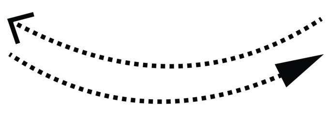 Black dotted arrows set. Wavy and curved dashed arrow collection. Sketched doodle thin pointers and direction lines. Dots outline stripe design elements. curved dotted arrow.