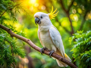 Majestic White Cockatoo Perched on Lush Green Branch - Wildlife Portrait