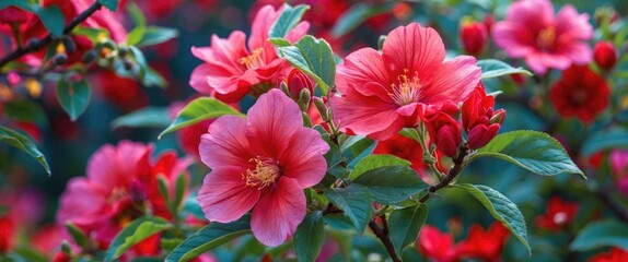 Vibrant pink and red flowers blooming amidst lush green leaves in a lush garden setting capturing the essence of spring and summer beauty.
