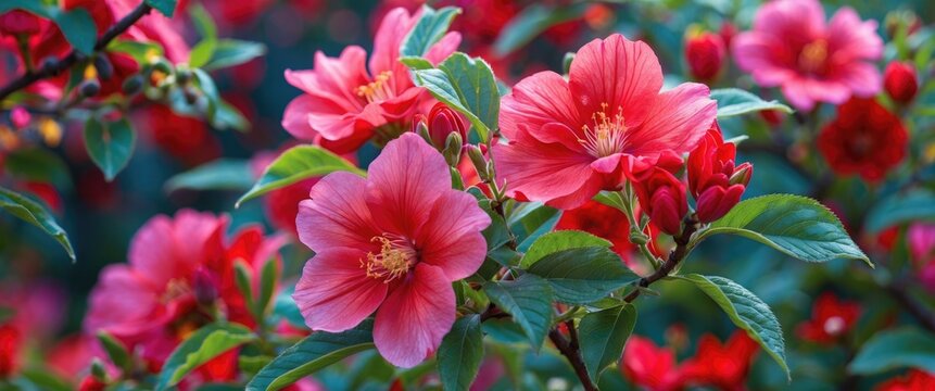 Fototapeta Vibrant pink and red flowers blooming amidst lush green leaves in a lush garden setting capturing the essence of spring and summer beauty.