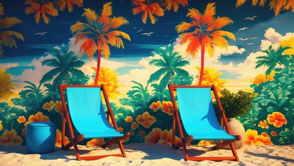 Obraz premium Tropical Beach Scene with Two Empty Chairs and Colorful Wallpaper Background Ideal for Vacations or Relaxation Themes