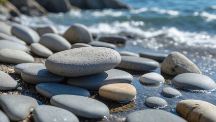 Smooth sea stones on a rocky beach glistening under sunlight with gentle waves lapping at their surfaces creating a serene coastal atmosphere.