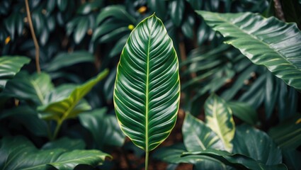Tropical Green Leaf Closeup with Blurred Background Showcasing Vibrant Textures and Depth in Lush Garden Setting