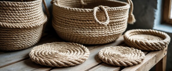 Natural jute baskets and coasters on a wooden table showcasing eco-friendly, handcrafted home decor made from organic materials.